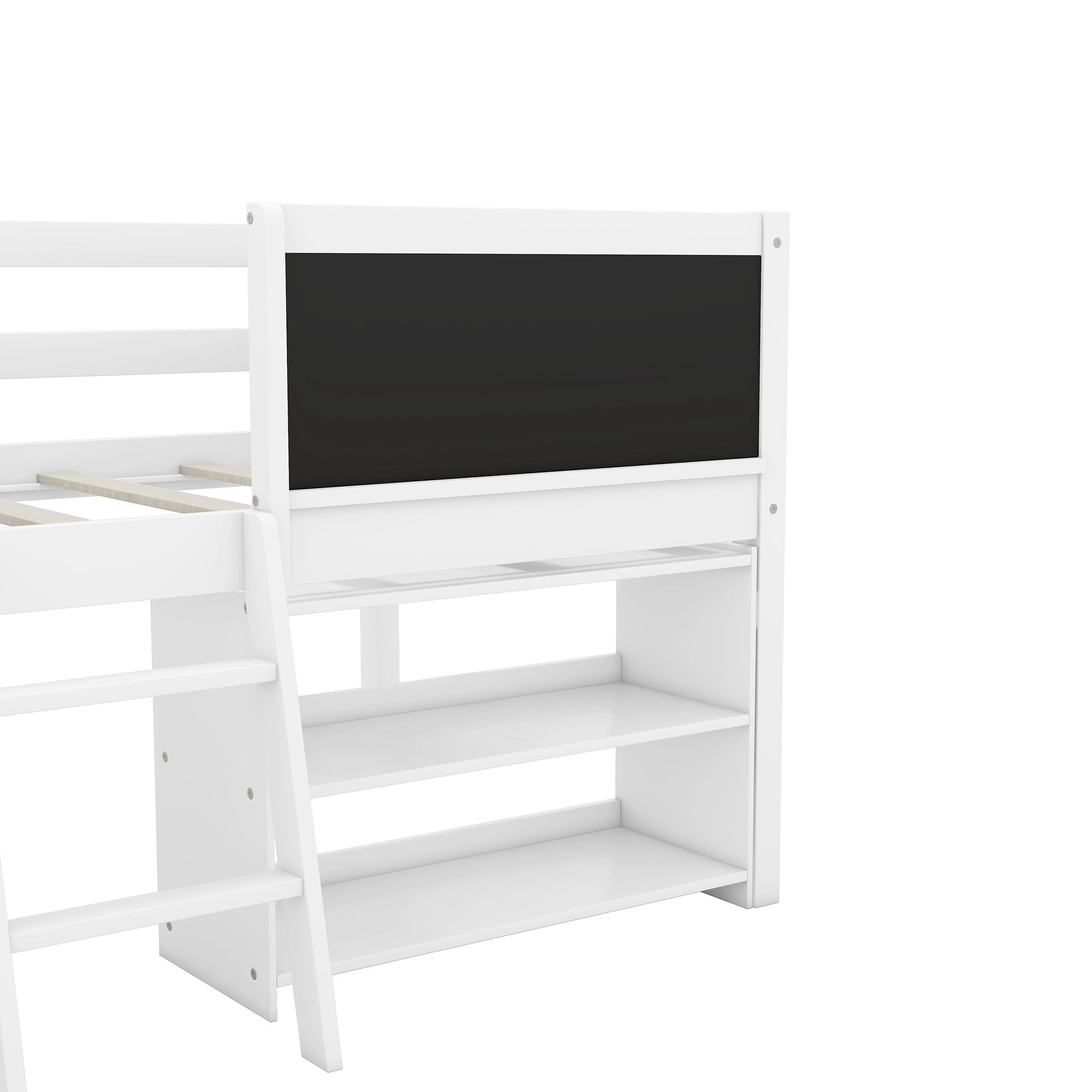 Euroco Twin Size Loft Bed with Shelves and Chalkboard, Storage Bed with Guardrails, White