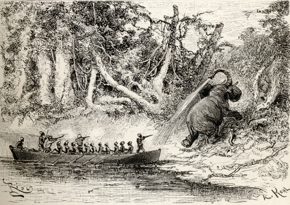 Members Of Sir Henry Morton Stanleys Emin Pasha Relief Expedition In Africa 1886 To 1889 Attacking An Elephant In The Ituri River From In Darkest Africa By Henry M Stanley Published 1890 Canvas Art -