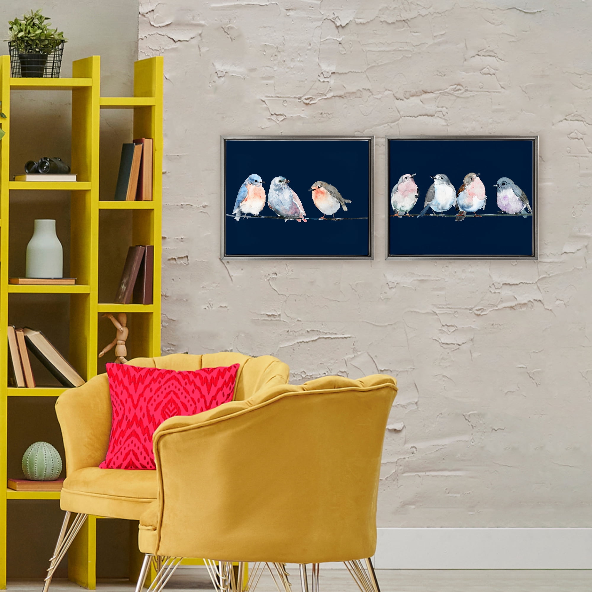 Stupell Industries Perched Navy Toned Birds 2 Piece Gray Framed Floater Canvas Set, design by Lorenzo Collective