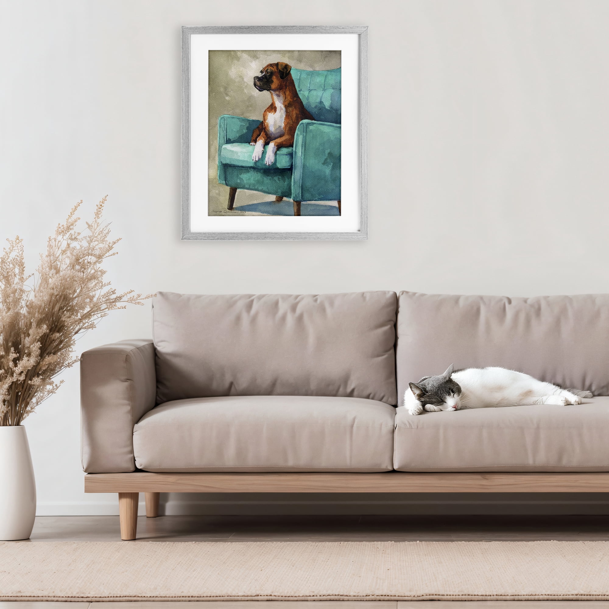 Stupell Industries Majesty Boxer on Armchair Gray Framed Print Under Glass, design by George Dyachenko