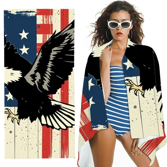 RKSupls Bald Eagle US Flag Microfiber Beach Towel, Extra Large Quick Dry Lightweight Absorbent Towel for Travel Swimming Camping, Soft Super Absorbent- 30x60 in