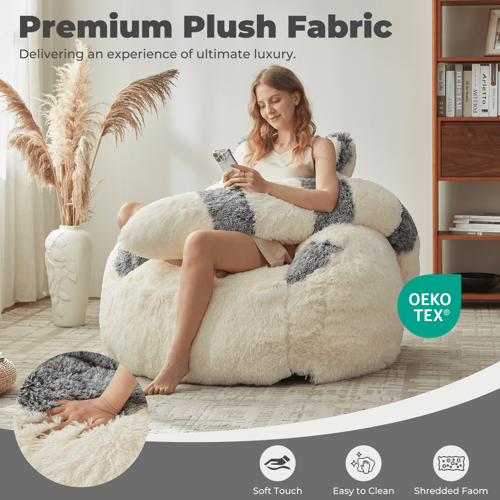 Ebenchico 3.7ft Raccoon Shaped Bean Bag Chair for Adults Teens Kids, Large Beanbag Chairs for Reading Gaming Relaxing, Beige