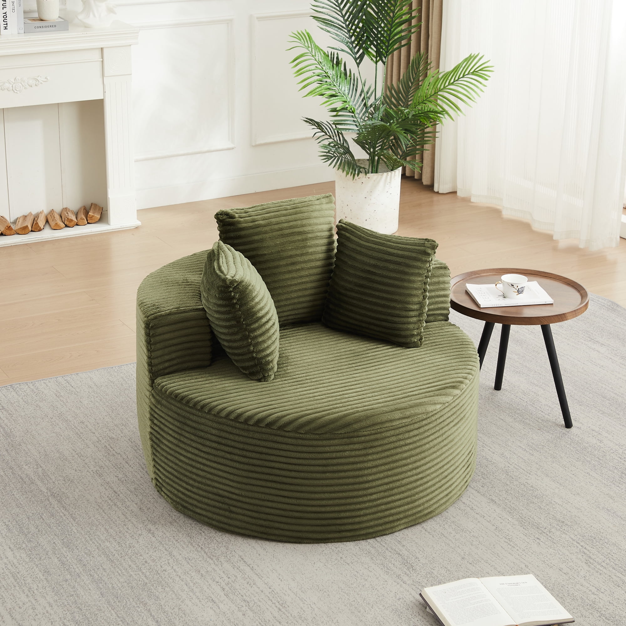 Leumius Corduroy Lounge Chair,Deep Seat Single Sofa with Pillow, Round Chaise Longue Chair for Living Room,No Assembly Required,Green