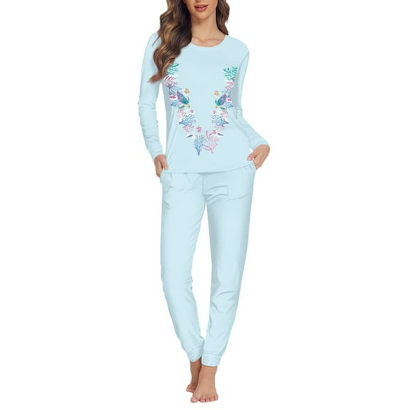 FOR U DESIGNS Ocean Turtle Pajama Sets for Women 2 Piece Long Pants and Crew Neck Tops Size 3XL Sleepwear for Women Fall Nightwear Long Sleeve Soft Jogger Pajamas