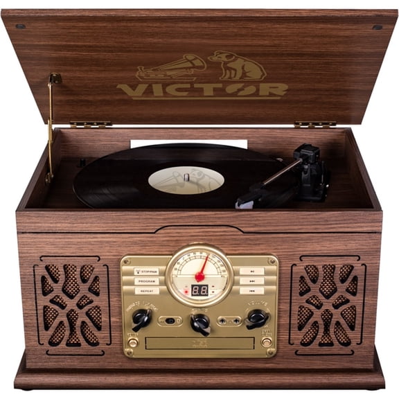 VICTOR State 7-in-1 Turntable Music Center with 3-Speed Record Player, CD/MP3/Cassette Player, FM Radio, Dual Bluetooth In & Out, and Built-in Stereo Speakers, Espresso (VWRP-3800-ES)