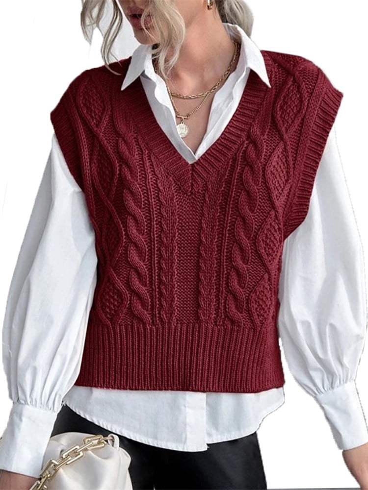 Langwyqu Spring Fall VNeck Women Sleeveless Knit Vest Ribbed Sweater