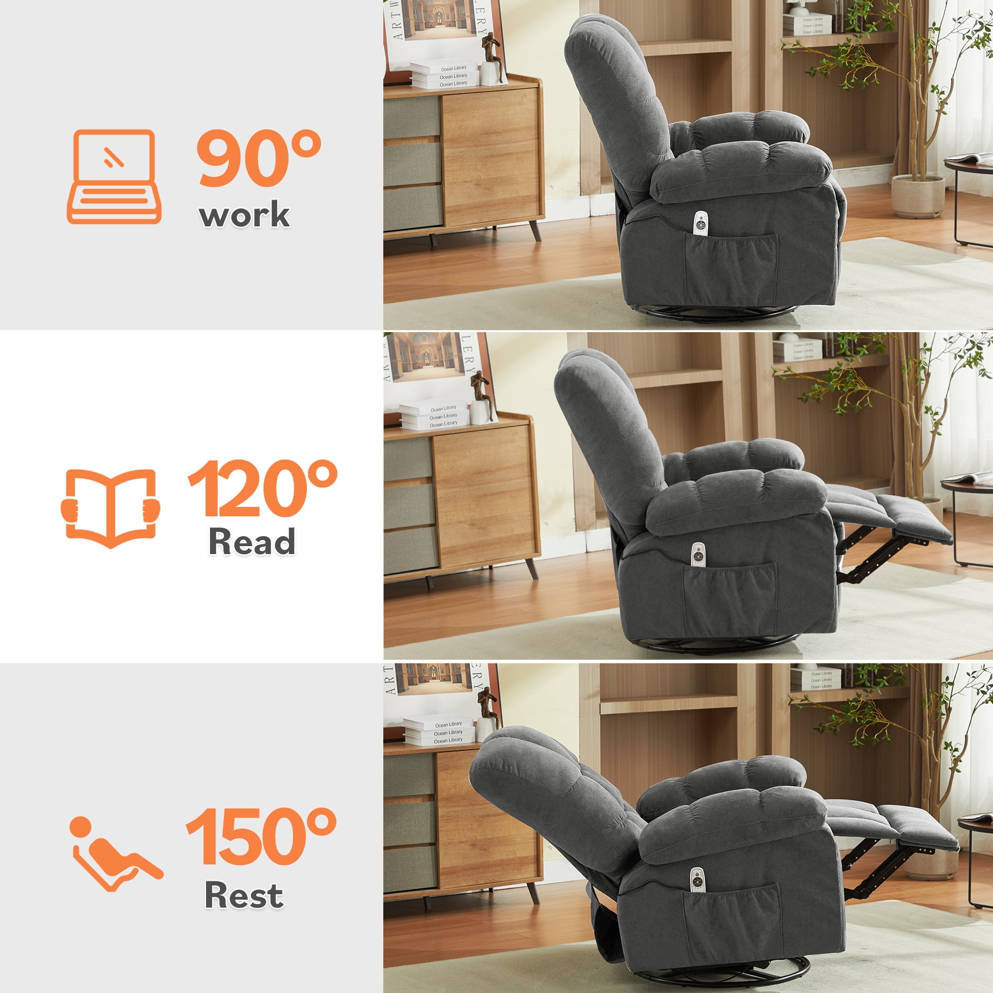 Alvantor Swivel Rocker Recliner Chair with Massage & Heat Single Rocker Sofa with Cup Holders for Bedroom Home Theater Gray