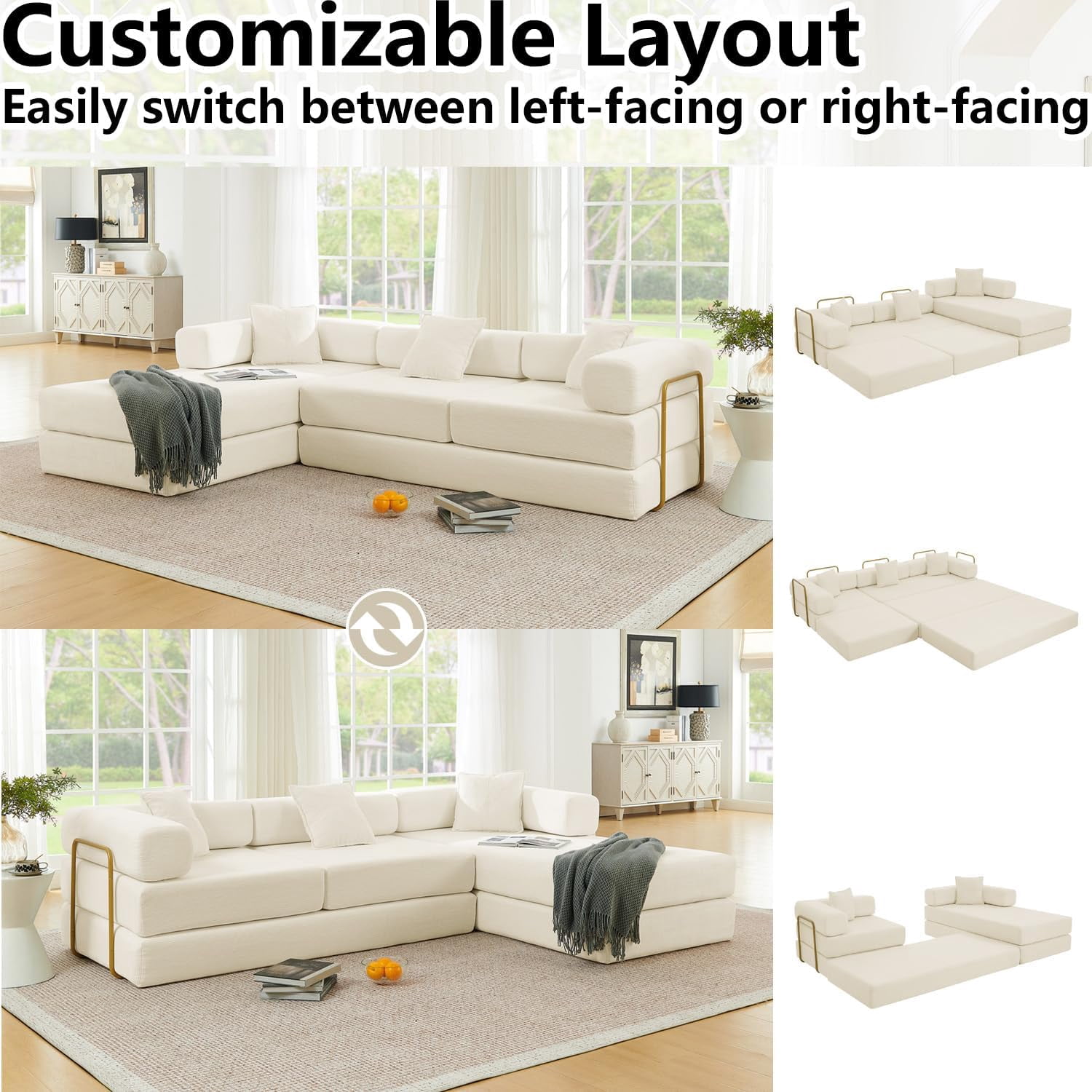 Ywen 108" Modular Sectional Sofa, Futon Convertible Sofa Bed,Oversized Corduroy Boneless Couch for Living Room,Floor Loveseat Sleeper with Pull Out Bed,Free Combination,No Assembly Required (Beige)