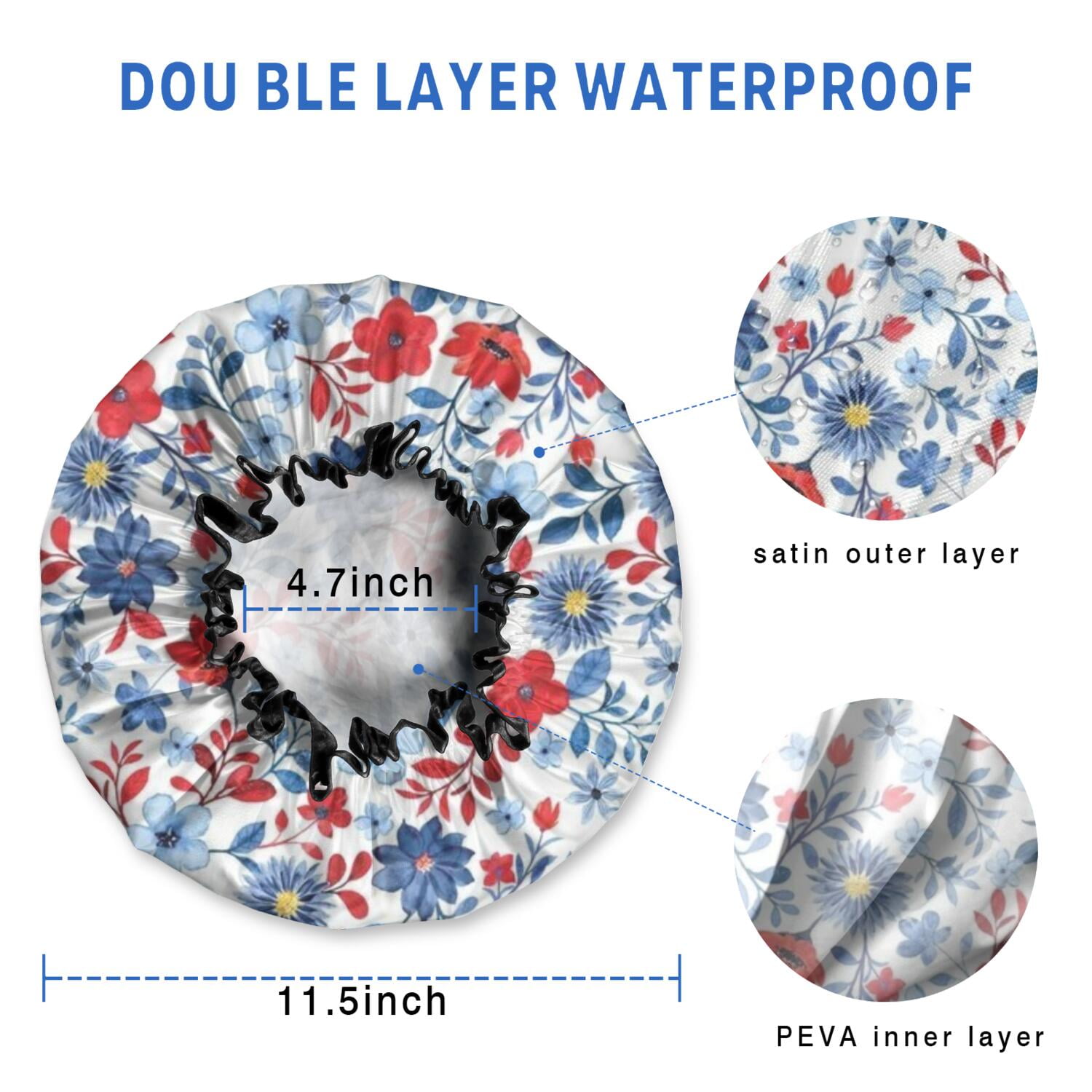 Shower Caps,Pioneer Flower Floral Print Pattern Waterproof Shower Cap for Women 4 Pieces,Double Reusable Hair Cover for Shower PEVA Elastic Stretch Hem