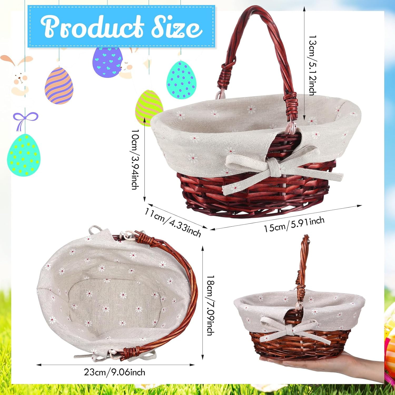 Small Wicker Basket with Handle Empty Rattan Picnic Gift Small Basket with Liner Oval Willow Woven Container for Candy Easter Egg Hunt Game 9 x 7 x 4 Inch(Brown)