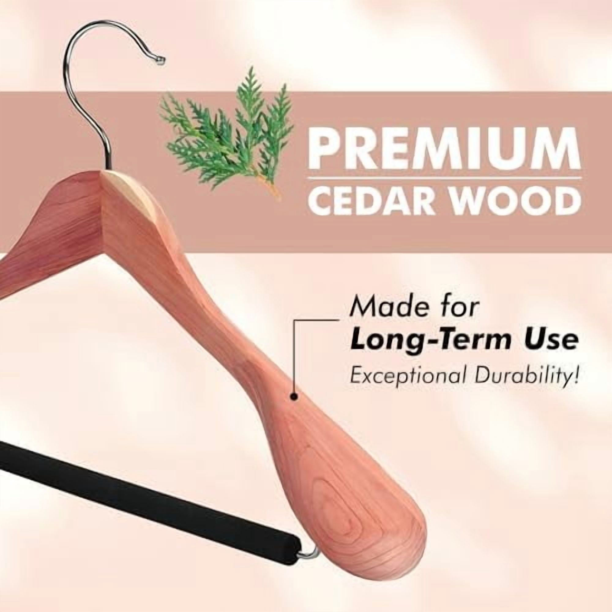 Cedar Hangers for Closet - 5 Pack Extra Wide Wooden Hangers for Suits, Coat, Dress, Jacket, Clothes Storage - Non Slip Foam Padded Pant Bar with 360° Swivel Hook, Aromatic American Cedar Wood