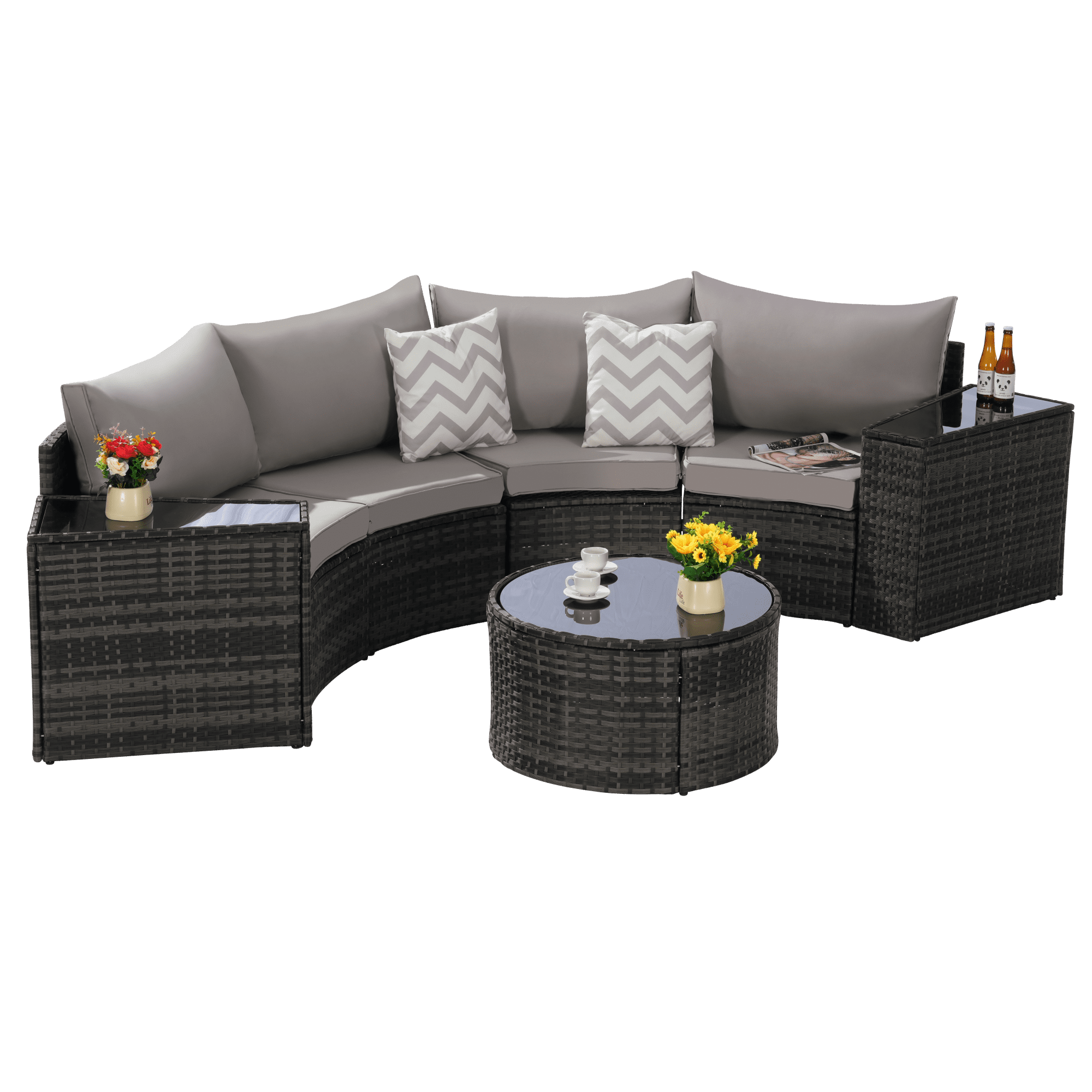 7-Piece Outdoor Patio Furniture Half-Moon Sectional Round Patio Furniture Set Sofa with Tempered Glass Round Coffee Table (Light Grey)