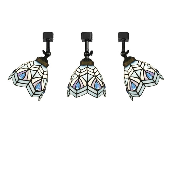 KAYYELAMP 3-Pack J-Type Track Head Lighting Adjustable Angle Tiffany Ceiling Light Blue Glass Shade Handmade Pastoral Style Antique Track Light Fixture For Gallery Mirror Front