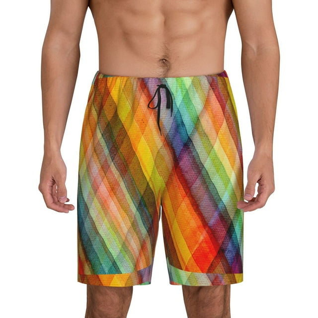 Balery Abstract Watercolors Tartan Pantalones cortos de pijama de punto de algodón para hombre con cinturilla y bolsillos-Medium