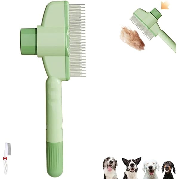 HAYAN Furrybasics Grooming Brush, Self Cleaning Pet Flea Comb Grooming Brush, Cat Brush with Release Button, De-Shedding Cats Hair Combs, With Long & Short Stainless Steel Metal Teeth (Green)