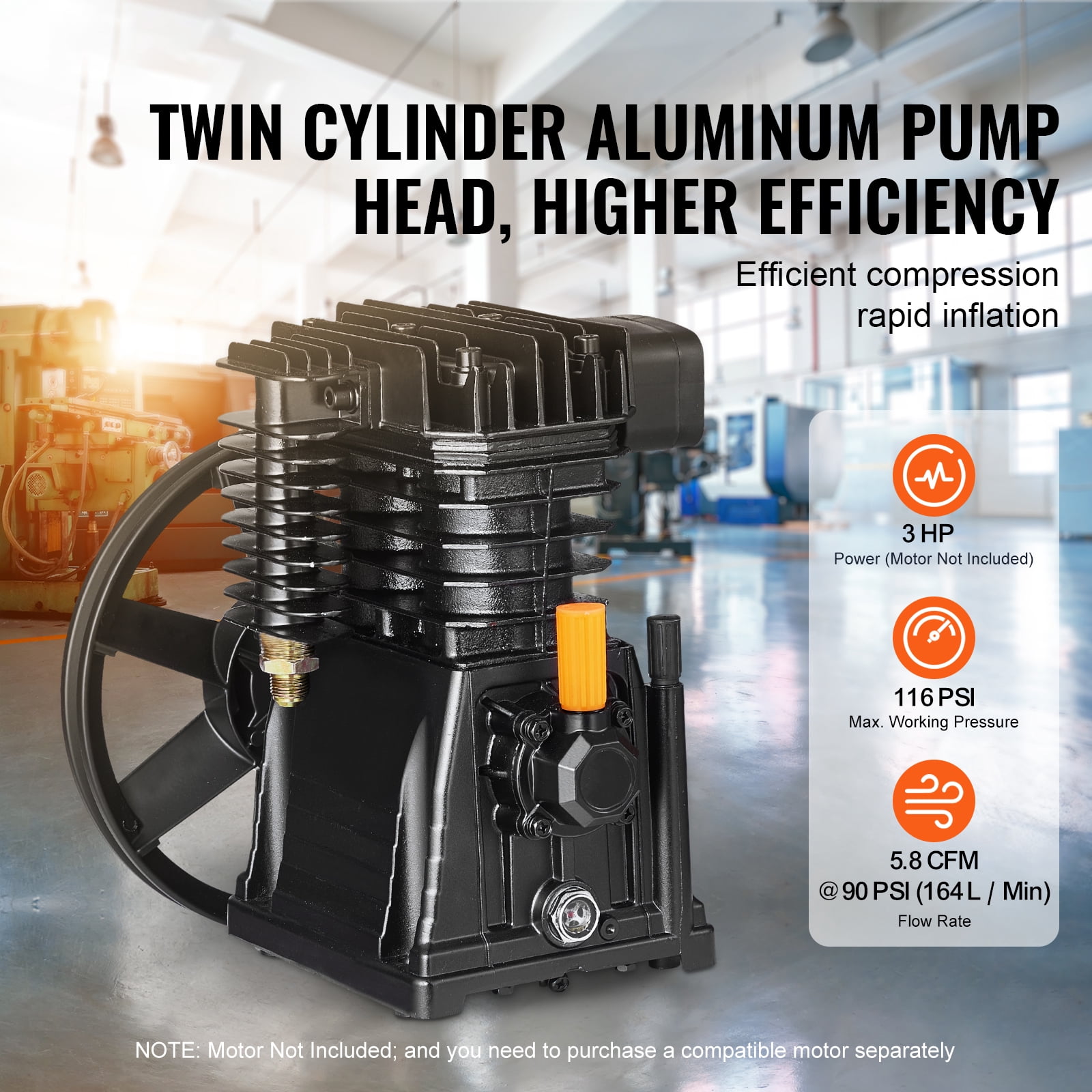 KFFKFF Air Compressor Pump Head, 3HP, 5.8CFM @ 90PSI, Dual Cylinder, Oil-Lubed, Single-Stage Aluminum Replacement Piston Pump, Max Pressure 116PSI