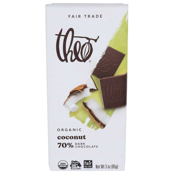 Theo Chocolate Organic Coconut 70% Dark Chocolate Bar, 3 Ounce Bar, 12 Pack