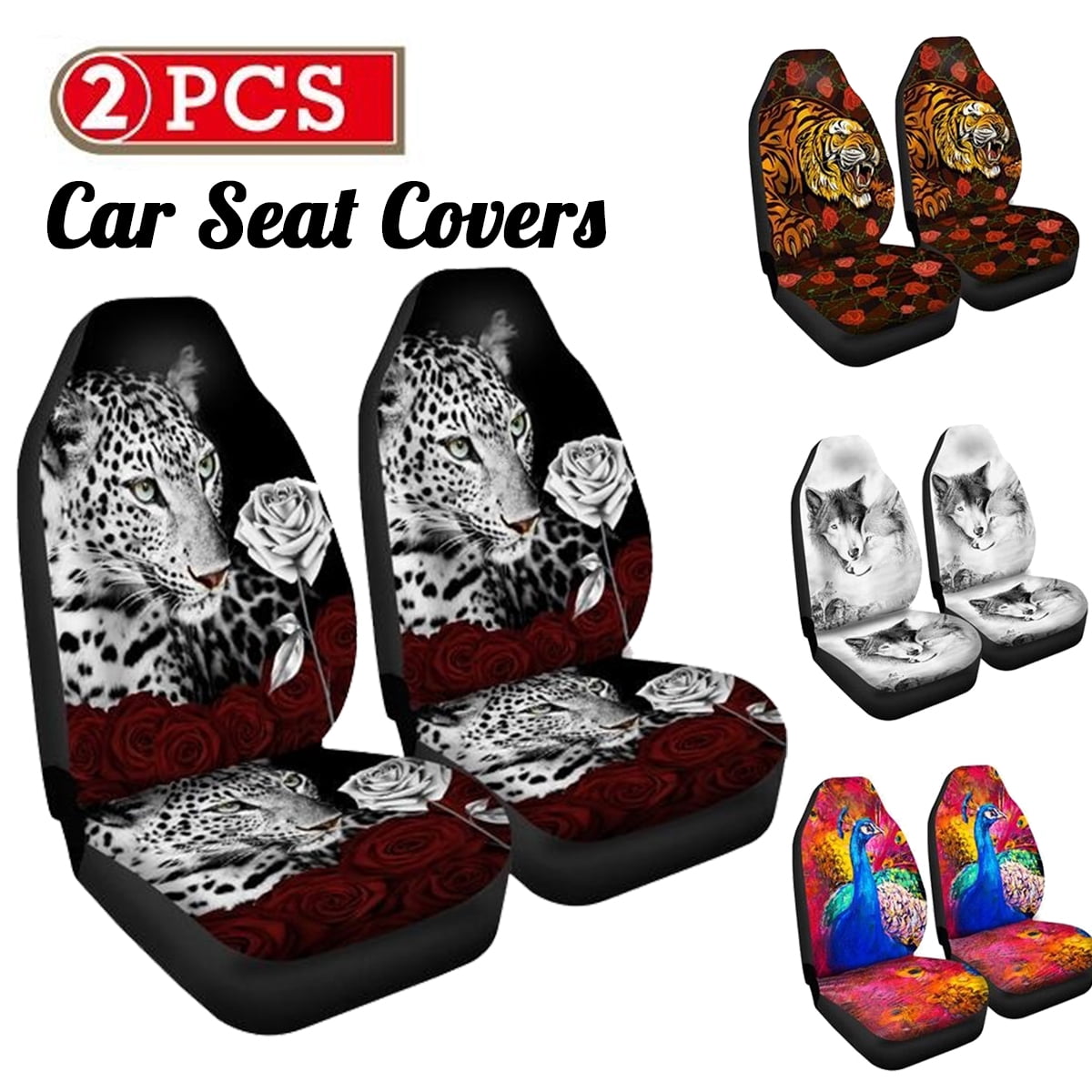 2Pcs/Set Animal Print Car Front Seat Cover Leopard Tiger Print Seat