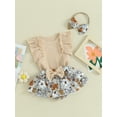 thumbnail image 3 of FEORJGP Infant Baby Girl Summer Clothes 3M 6M 12M 18M Newborn Fly Ruffles Sleeve Romper Crew Neck Jumpsuit Solid Tops and Elastic Floral Skirt Shorts Headband Set Toddler Cute Casual 3 Piece Outfits, 3 of 9