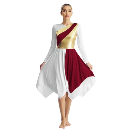 Moggemol Womens Color Block Lyrical Praise Dance Dress Liturgical Dancewear Church Dance Attire Burgundy&White XXL