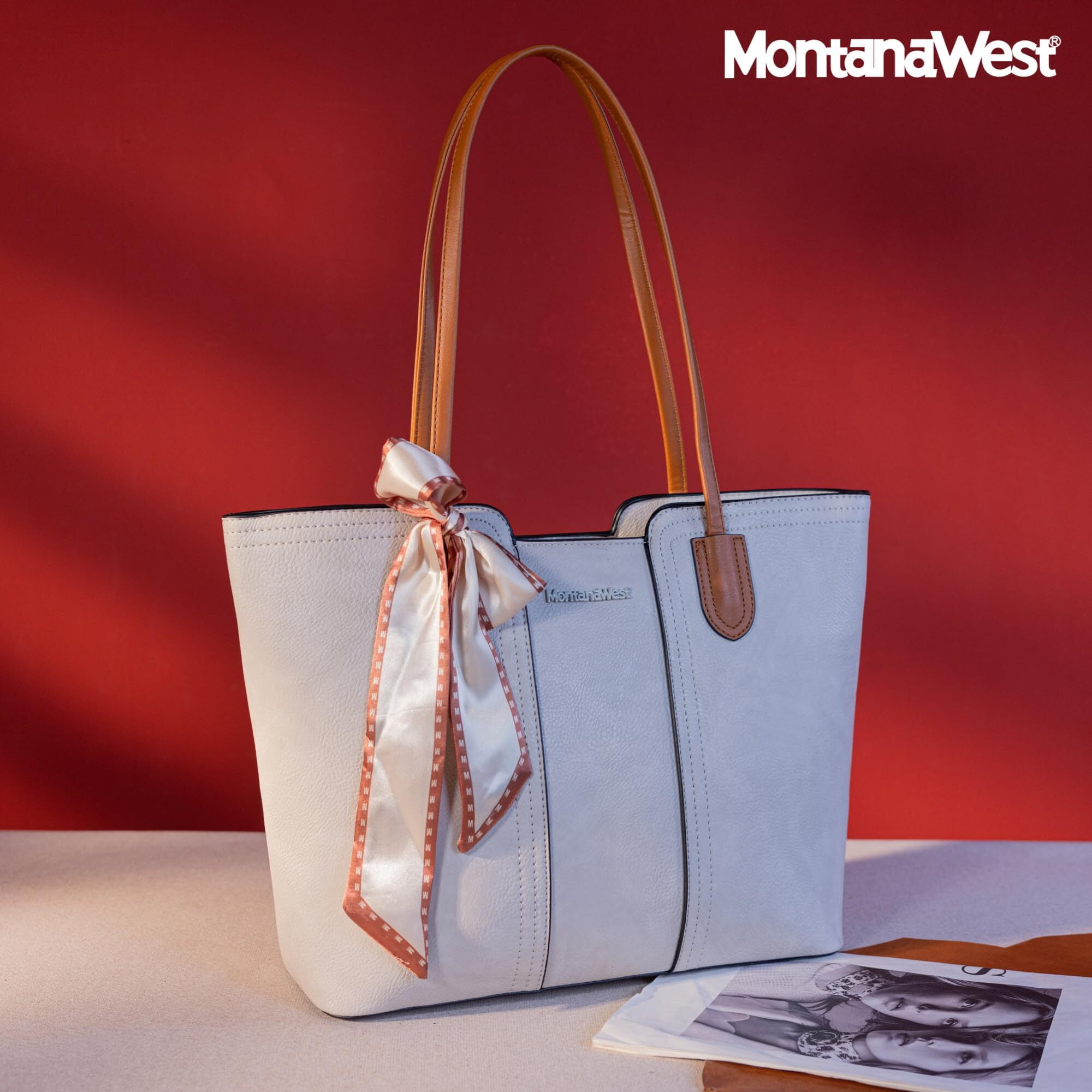 Montana West Tote Bags for Women Medium Top Handle Handbags with Scarf, Tan
