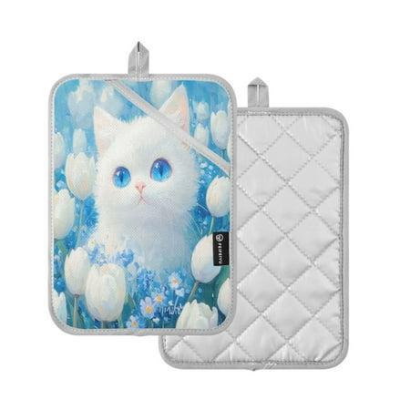 

2 Pcs Pot Holders Sets Oven Mitts Square potholders Oven Hot Pads Heat Resistant for Kitchen Cooking Baking 7 x9.8 Cat with Blue Eyes