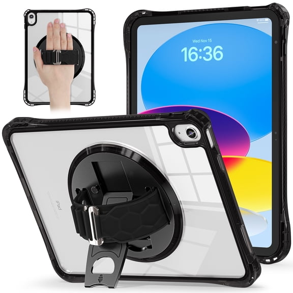 Decase Rotating Hand Strap Clear Case for iPad 11th Gen 11" (2025) / iPad 10th Gen 10.9" (2022), Shockproof PC TPU Transparent Cover with Stand & Shoulder Strap,Black