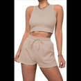 thumbnail image 2 of Conjuntos de Verano para Mujer, Conjunto Informal de 2 Piezas con Top Corto y Pantalones Cortos de Punto Gofre, Ropa de Dormir, Color Albaricoque L, 2 of 9