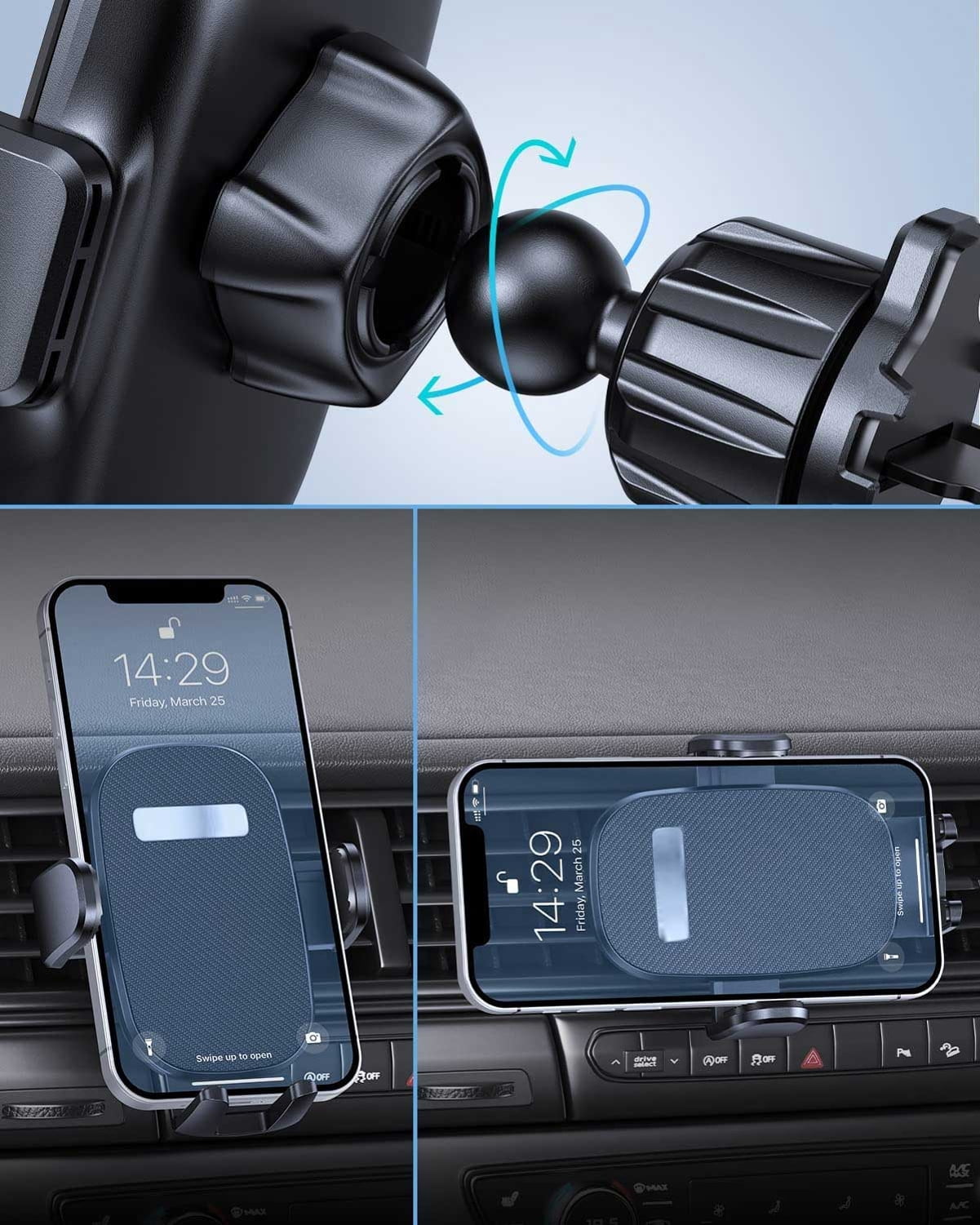 Air Vent Car Mount for iPhone 16/Pro/Max/Plus - Phone Holder Swivel Cradle Strong Grip AC Louver