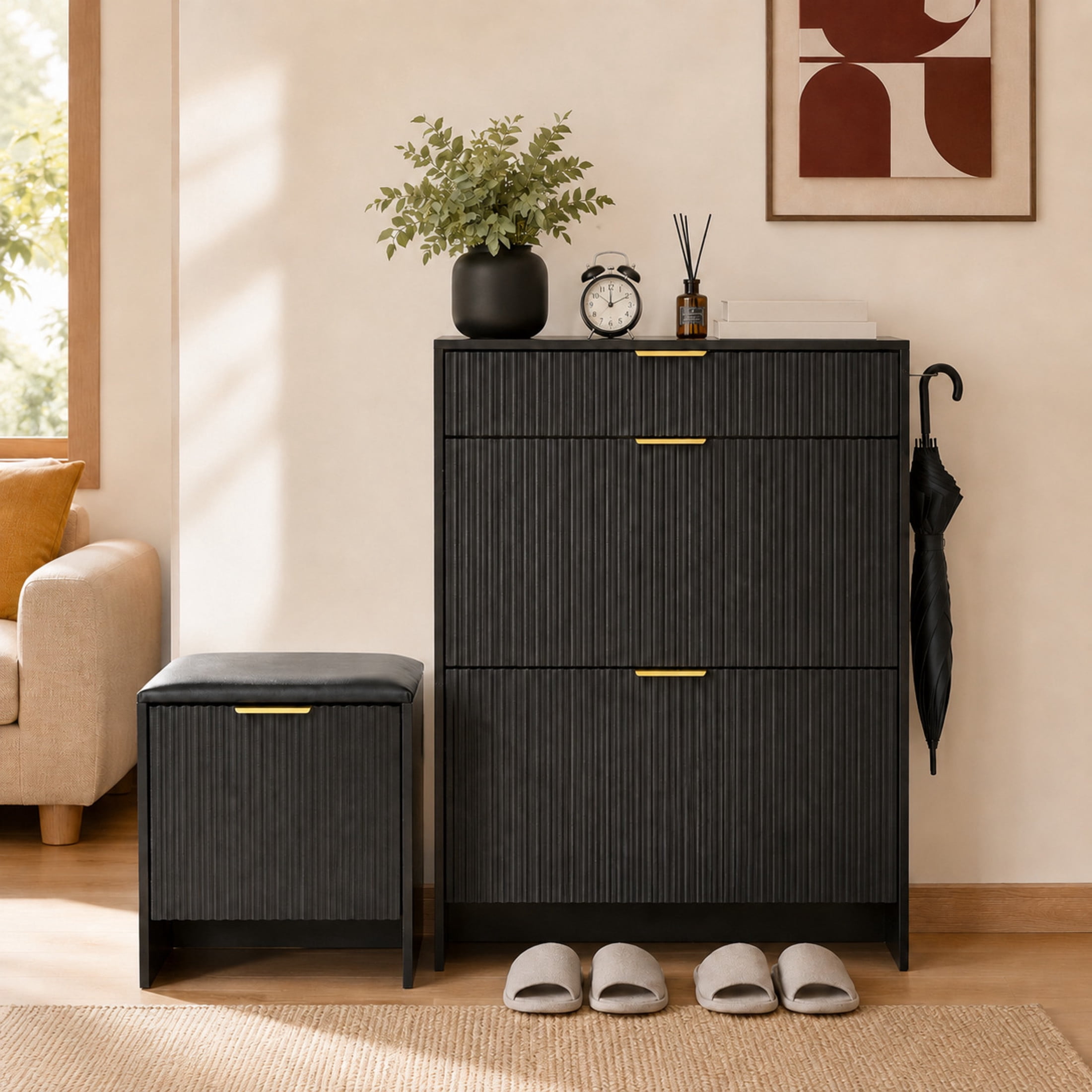 GDF Studio Solus Fluted Black Shoe Storage Cabinet Set with Padded Bench & Gold Pulls, Slim Hallway Organizer, Black