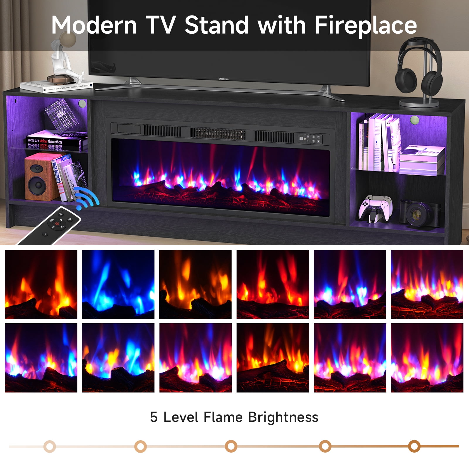 Dovov 70" LED TV Stand for TVs Up to 80", Wooden Modern Entertainment Center Media Console Table with 36" Electric Fireplace, LED Light and Glass Shelves, Black