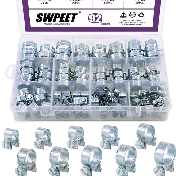 Swpeet 92 Pieces 10 Sizes Mini Hose Clamps Style Fuel Injection Line Zinc Plated Assortment Kit Perfect for Automotive, Agriculture, Plant and Constr