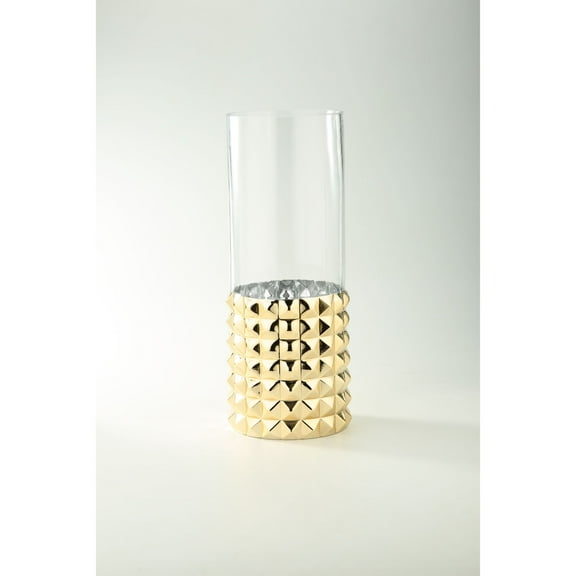 CC Home Furnishings 15.5" Gold and Clear Pyramid Pattern Cylindrical Clear Glass Vase
