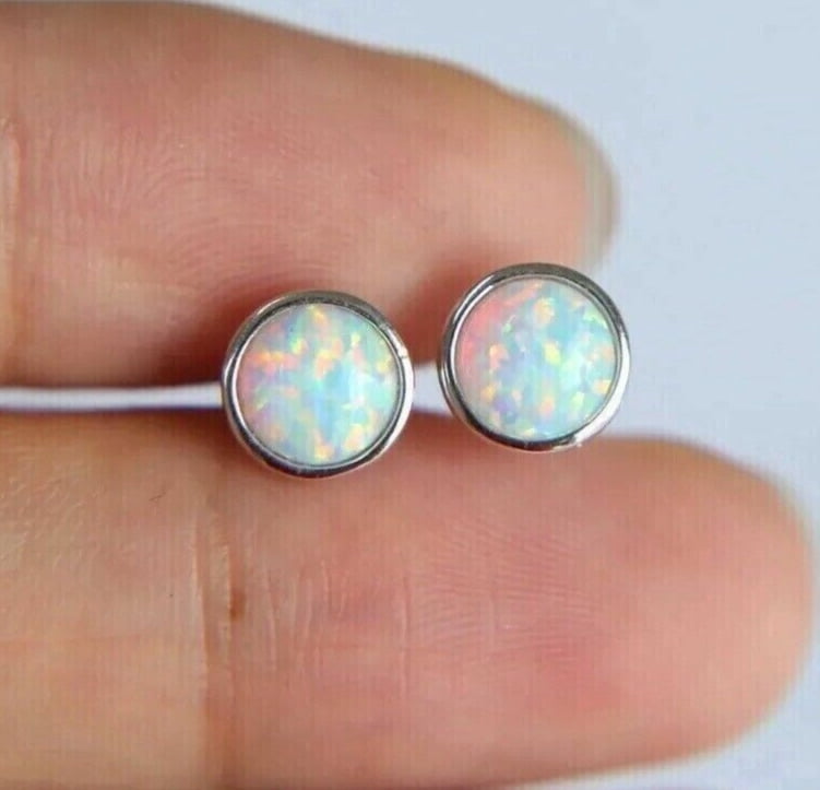 925 Sterling Silver Round Fire Opal Solitaire Bezel Set Push Back Earring For Women