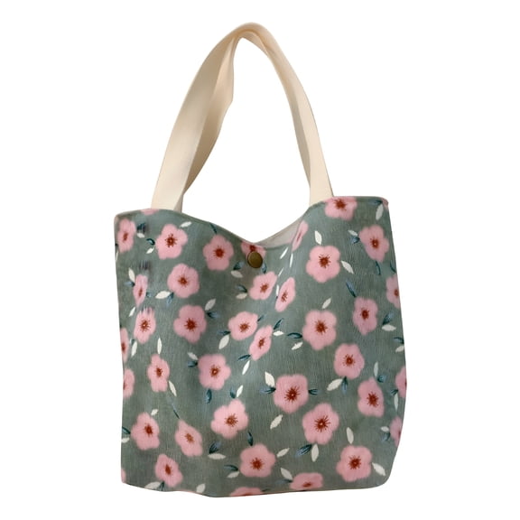 AOMRCOL Small Corduroy Tote Bags with Handles for Women Girls Flower Print Summer Beach Bag Casual Handbag Shopper Purses Small Tote Bags for Women