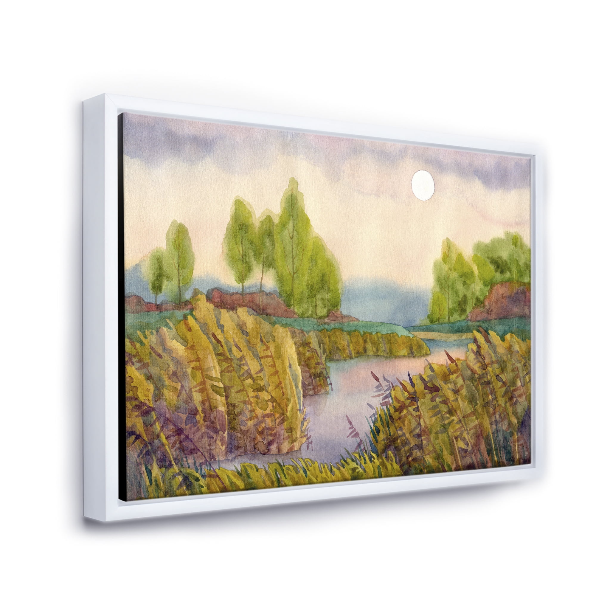 Designart 'Lake In The Reeds With Full Moon' Nautical & Coastal Framed Canvas Wall Art Print