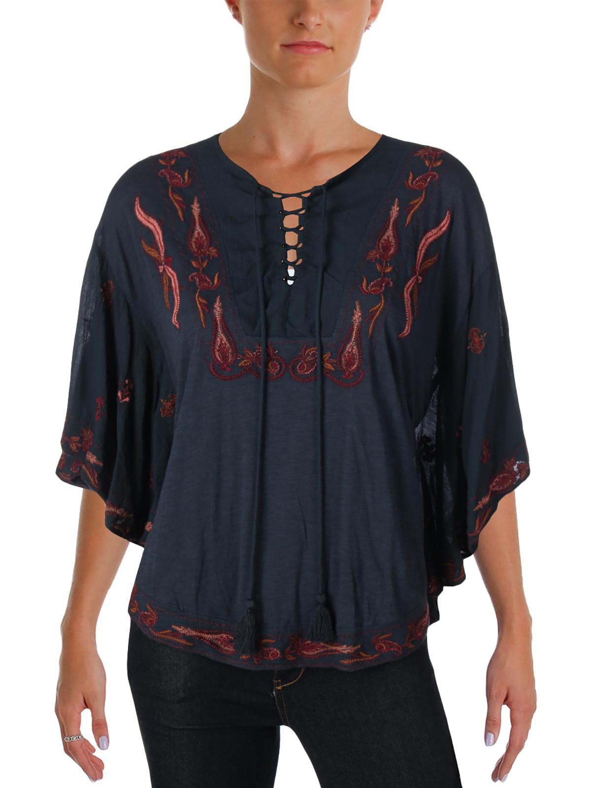 Lucky Brand Womens Plus Size Embroidered Neck Peasant Top
