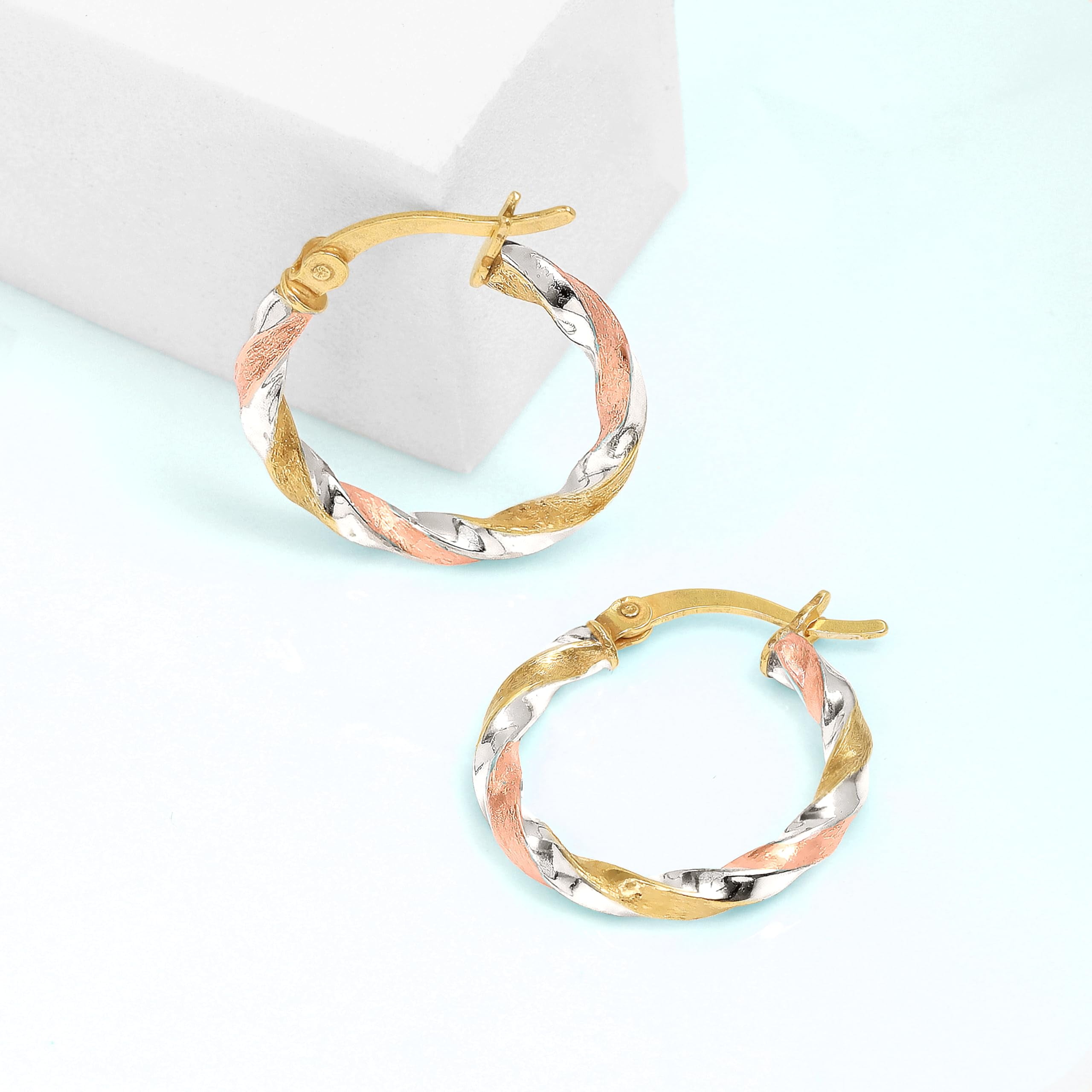 LeCalla 925 Sterling Silver Three-Tone Hoop Earrings, 14K Gold-Plated, Lightweight Italian Design, 20MM (Women's)