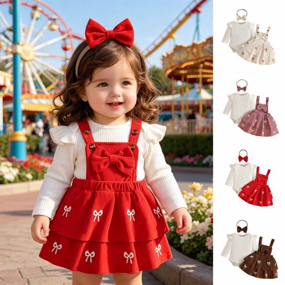 Pandaie Baby Girl Double-Layer Ruffle Suspender Dress Newborn Corduroy Skirt Outfit Infant Girls Bow Embroidery Clothes Brown,6-12 Months
