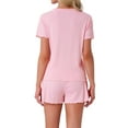 thumbnail image 3 of Conjunto de pijama para mujer INSPIRE CHIC de 2 piezas con top de manga corta y pantalones cortos con volantes, incluye bolsillo, talla XS, color rosa, 3 of 6