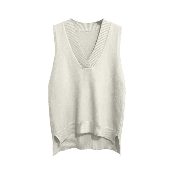 Wyongtao Womens V Neck Sweater Vest Ribbed Knit Solid Color Sleeveless Blouse Irregular Hem Casual Fall Tank Tops (Free Size, White)
