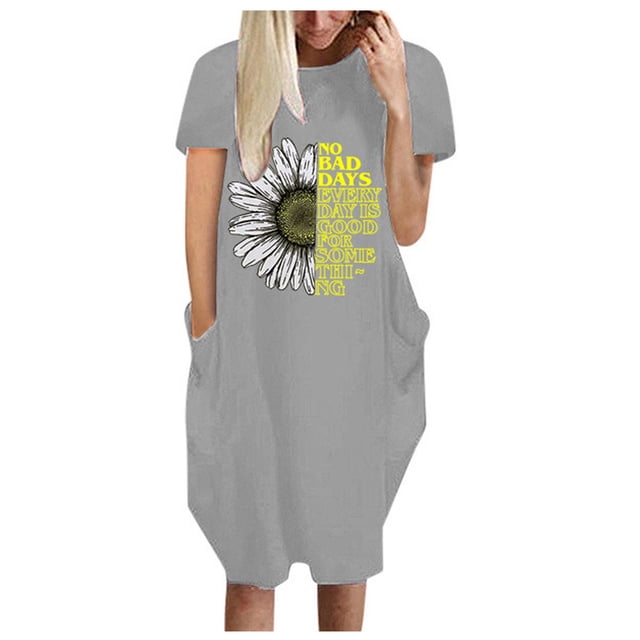 Robe avec Poches pour Femmes Mode Femmes Ample Imprimé Tournesol Col Rond Poches Robe Décontractée Manches Courtes Robe avec Manches pour Femmes Robe Tournesol pour Femmes Robe Décontractée pour Femmes