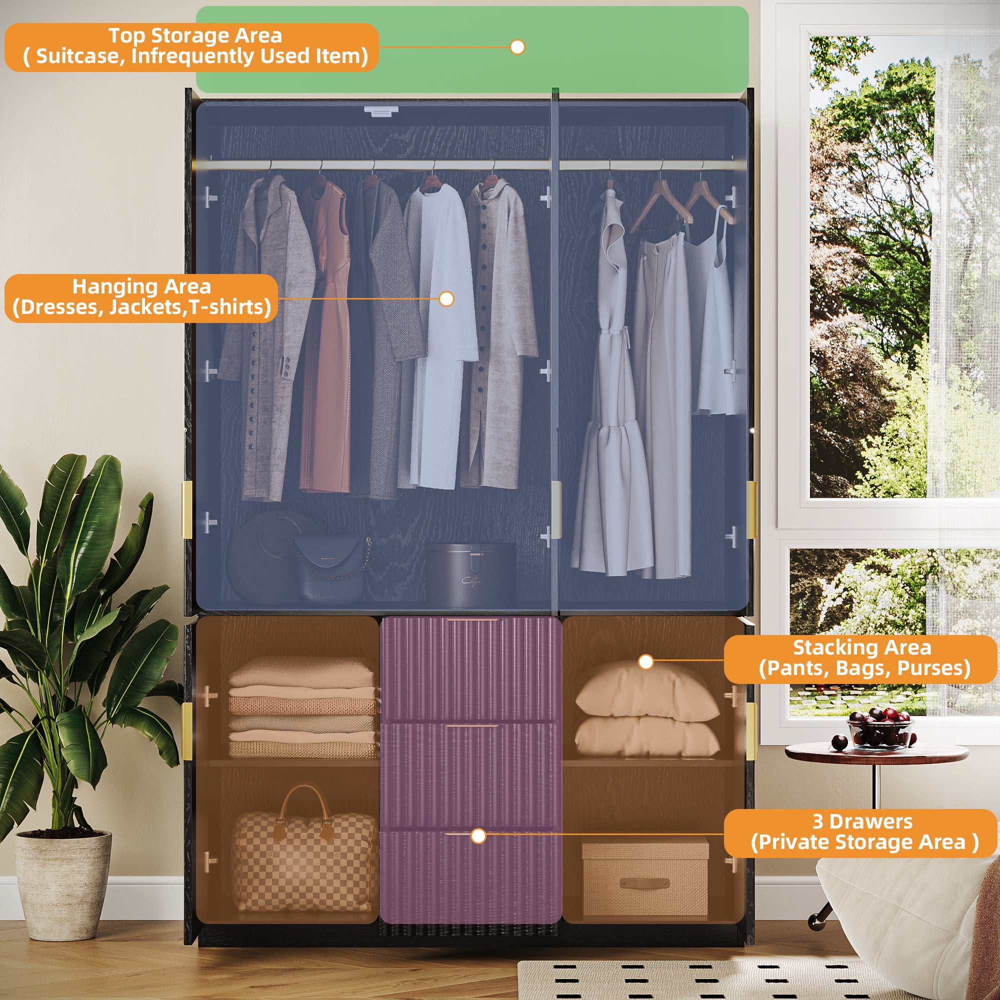 UGTOO 47.2" Wardrobe Closet with 3 Hanging Rods, 3 Drawers & 2 Cabinets - Modern Wooden Storage Armoire for Bedroom, Black