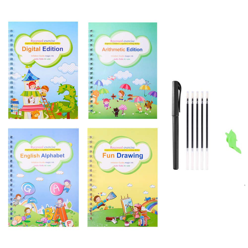 Pen Control and Tracing Book for 3-5 Age 1 Set 4 Books Reusable Magic Copy Book for Calligraphy Learn Alphabet Painting Arithmetic Math Children Handwriting Practice Books 