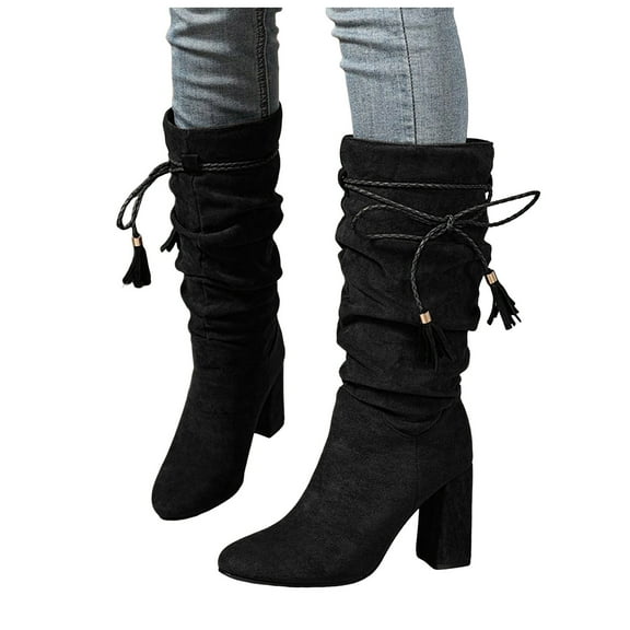 Rokment Slouchy Strappy Wide Calf High Heel Dress Boots for Women Ladies Boho Fashion Suede Fringe Pointed Toe Block Heeled Tall Boots Fall Winter Black Size 6.5
