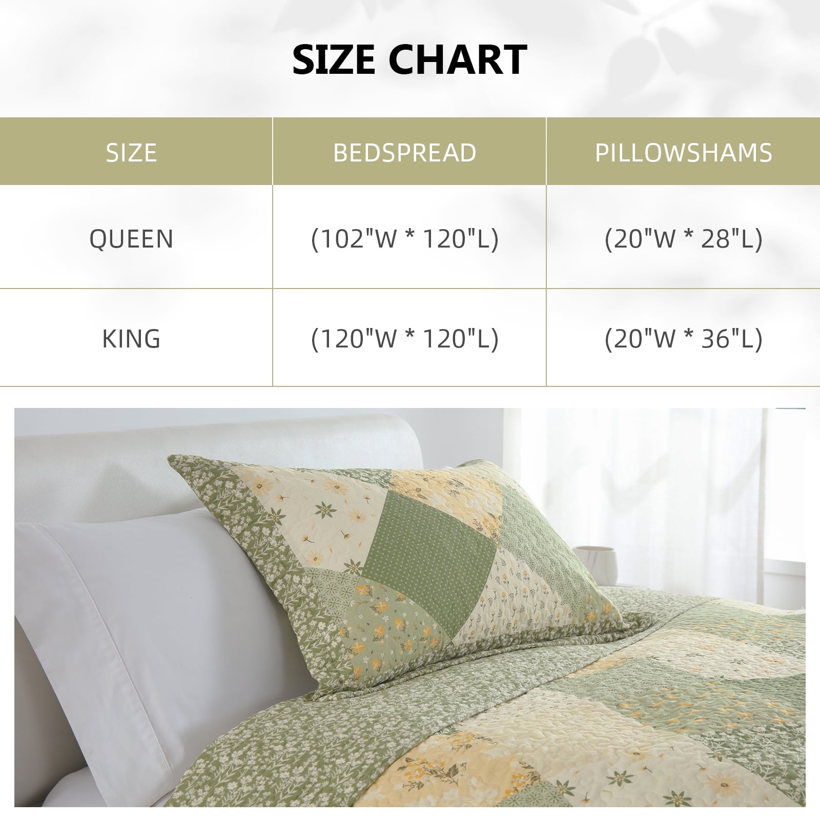 PANGUSHAN 100% Cotton 120"x120" Oversized California King Bedspread Coverlet Quilt Set, Cal King Quilted Bedspread Extra Large Wide Quilt, Floral XL Bed Spread Lightweight Comforter, 3pc, Green/Cream