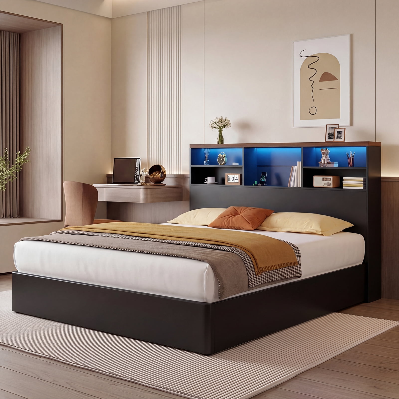 Advwin 63" Full/Queen Storage Headboard with LED Lights & Charging Station, Modern Bookcase Headboard, Space Saving Wood Headboard Only for Bedroom, Black & Walnut