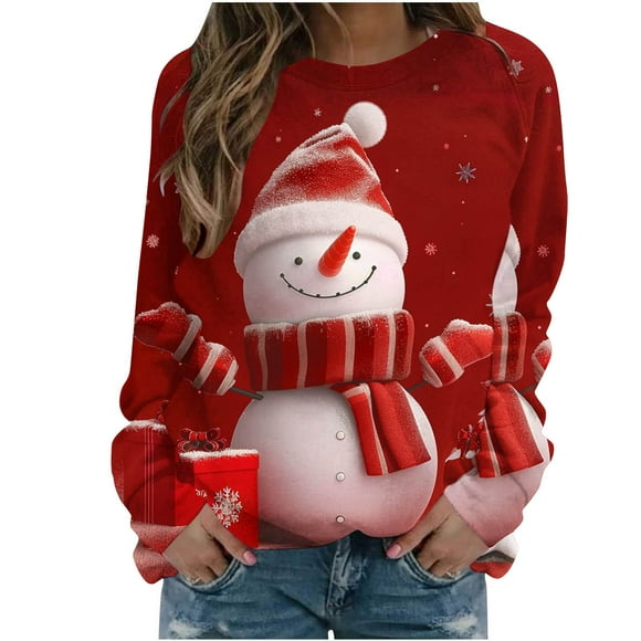 lcziwo Womens Christmas Sweatshirt Cute Snowman Print Sweatshirts Long Sleeve Crewneck Pullovers Causal Loose Fit Holiday Pullover Tops Womens Tops Red,L