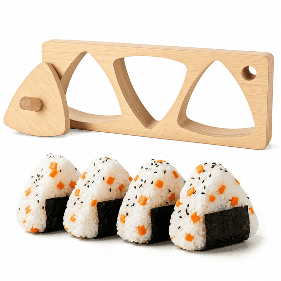 3-in-1 Bamboo Onigiri Mold Set, Non-Stick Triangle Rice Ball Maker with Press Plate, Wooden Sushi Musubi Mold for Bento Lunch Snack, Family Kitchen Tool