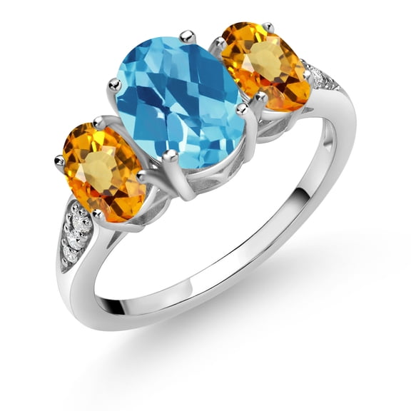 Gem Stone King 10K White Gold Swiss Blue Topaz Yellow Sapphire and White Lab Grown Diamond 3 Stone Engagement Ring for Women (2.57 Cttw, Gemstone Birthstone, Size 5)
